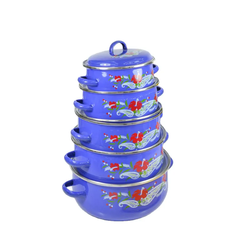 5 Stuk Emaille Braadpan Pot Kookgerei Set 18-26Cm Gietijzeren Emaille Gecoat Blauw Kleur Stuk Bloem Koken huishoudartikelen