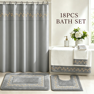 Elegante Set Decorativo per <span class=keywords><strong>Bagno</strong></span> 18 Pezzi, Tenda Impermeabile con Ricami Dorati, Tappeto Antiscivolo, Asciugamano Assorbente, Decorazione per Hotel - Product Image 2