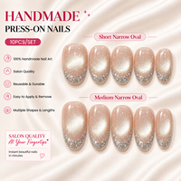 Faux ongles à presser en acrylique, faits main, effet œil de chat argenté clair, scintillants, style French, courts, moyens, ovales étroits, vente en gros, personnalisables