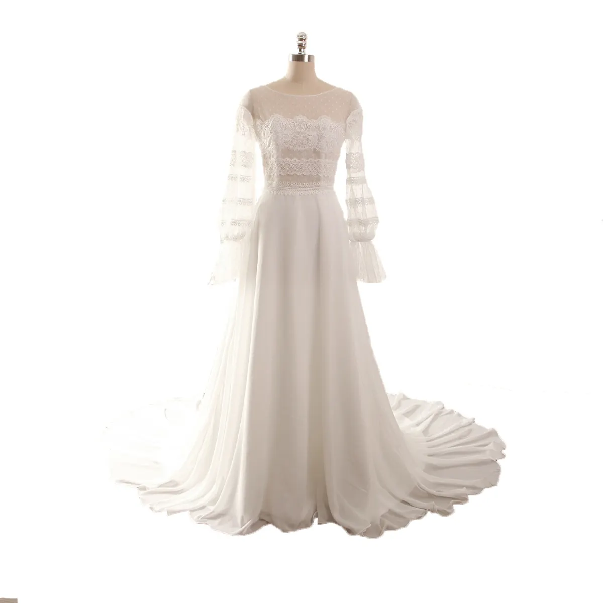 Summer Ivory A line Illusion Neck Long Sleeve Backless Vintage Lace Chiffon wedding dress for women