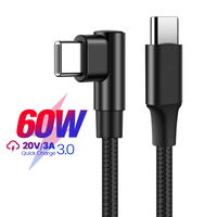 PD 60W USB tipo C a USB C Cable Nylon trenzado aleación de aluminio doble codo ángulo de 90 grados Cable de datos tipo C de carga rápida