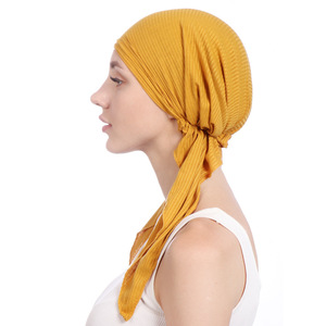 Chapeau bandana rayé pour <span class=keywords><strong>femme</strong></span>, usage quotidien professionnel, style indien musulman, <span class=keywords><strong>bonnet</strong></span> <span class=keywords><strong>chimio</strong></span> à volants, foulard, turban, <span class=keywords><strong>bonnet</strong></span> enveloppant à deux queues - Product Image 4
