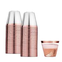 Gobelets jetables en plastique transparent de 9 oz avec bordure métallique dorée, argentée ou rose gold pour les mariages, les événements et les fêtes