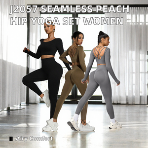 Conjunto de Yoga J2057 para Mujer, Pantalones Largos de Cintura Media Color Durazno, Transpirables, Sin Costuras, de Manga Larga, Ropa Deportiva para Fitness - Product Image 2