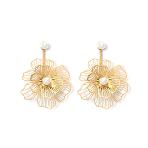 Pendientes de Moda con Baño de Oro, Acero Inoxidable 316L, Diseño de Flor con Centro de Perla - Product Image 2