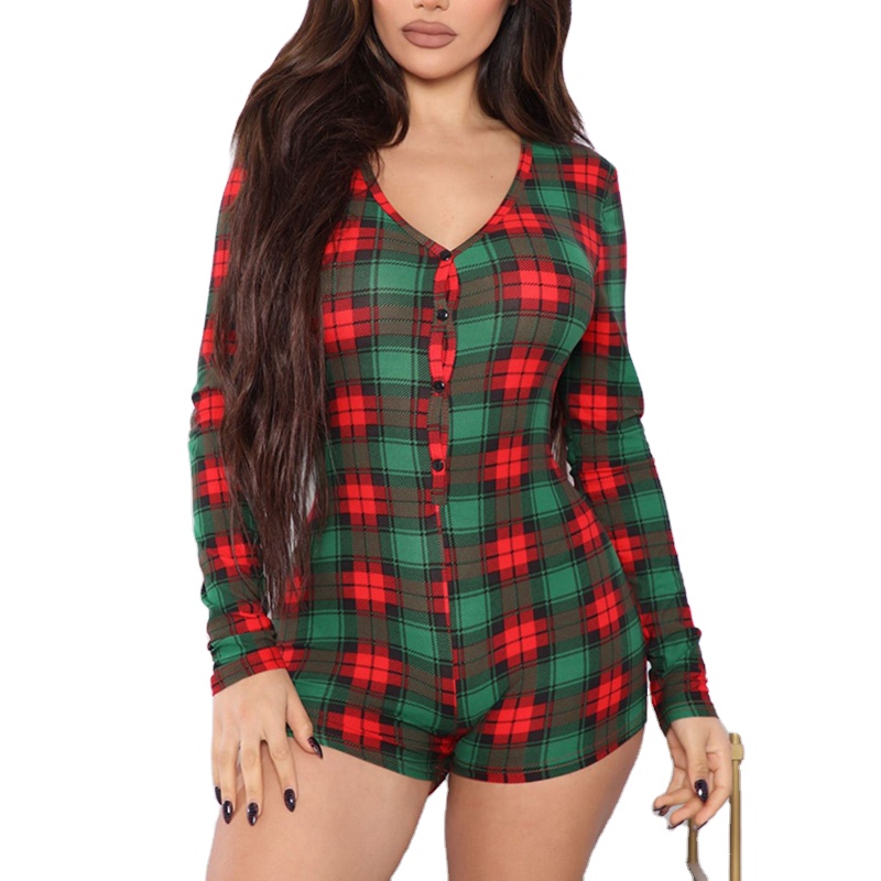 Channel 2024 Cute V Neck Long Sleeve Button Down Plaid Gingerbread