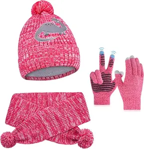 Logo personalizzato all'ingrosso 100% acrilico invernale in pile caldo cappelli lavorati a maglia guanti con pompon e dinosauro per bambino