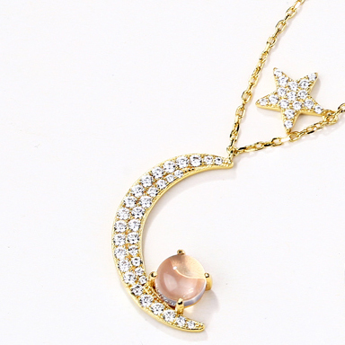 Las mujeres joyería de plata 925 de cuarzo rosa luna y estrella colgante, collar, regalo de cumpleaños
