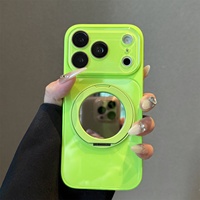 Coque de téléphone antichoc en PC brillant fluorescent avec miroir de maquillage, béquille rotative et grande lentille pour iPhone
