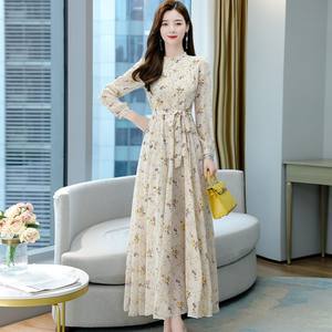 2025 vestido modesto de gasa Premium para mujer moda china con diseño de lazo en la cintura estampado de flores sólidas <span class=keywords><strong>abaya</strong></span> musulmana de Malasia - Product Image 3