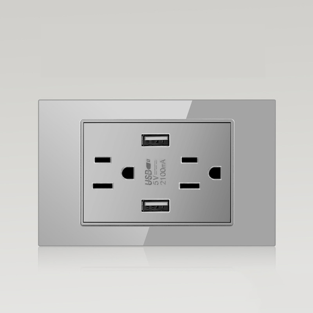 US Socket 15A 110V American Standard Switch Panel with USB Wall Power 2 Outlets Household Wall Socket