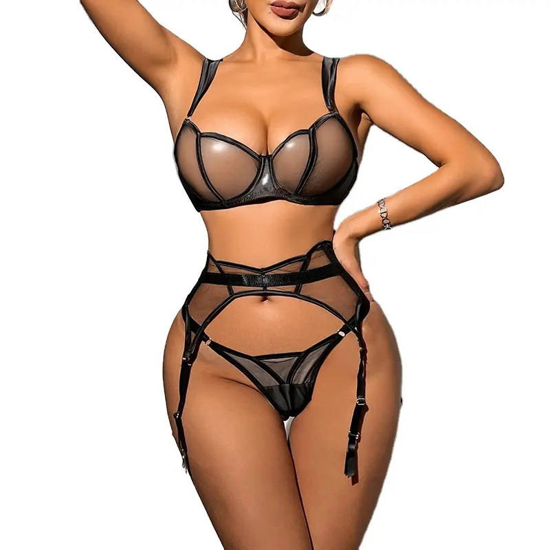 Hollow out sexy three piece lingerie set ladies erotic sexy underwear