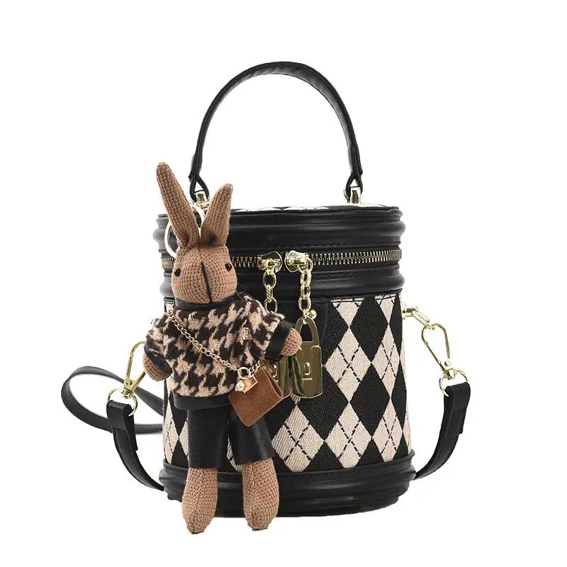 Women quality bucket bag purse with bear charm crossbody shoulder bag fashion pu/plaid fabric handbag for women