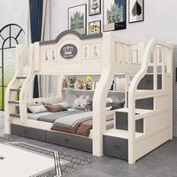Lit superposé fonctionnel en bois massif blanc pour enfants avec toboggan, rangement, escalier et maisonnette pour hôtel et appartement