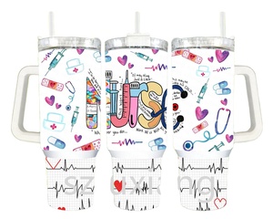 Vaso IND de dibujos animados personalizado con aislamiento portátil de 40 oz del Día de las enfermeras de estilo americano con mango y pajita - Product Image 1