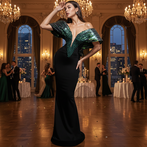 Luxury Prom Dress Mermaid Silhouette Floor-Length Built-in <b>Bra</b> Natural Waistline Pattern Rhinestones Sexy Performance Wear - Product Image 3