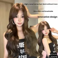 Perruque complète en fibre synthétique résistante à la chaleur, brun naturel, avec raie centrale, cheveux longs bouclés, volumineuse et moelleuse, avec filet à cheveux offert