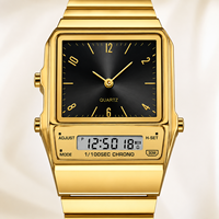 Reloj Analógico-Digital Cuadrado Clásico con Alarma, Unisex, Esfera Multicolor, Caja de Aleación de Zinc, Acero Inoxidable, Resistente al Agua 3BAR