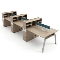 Poste de travail modulaire pour 6 personnes avec panneau de bureau vert foncé, écran de confidentialité écologique, étagère ouverte incurvée, tiroir et armoire à clé