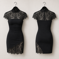 Robe Mini Femme Noire Dentelle Col Montant Froncée Moulante Ourlet Asymétrique Manche Courte Soirée OEM ODM Grossiste Usine B2B