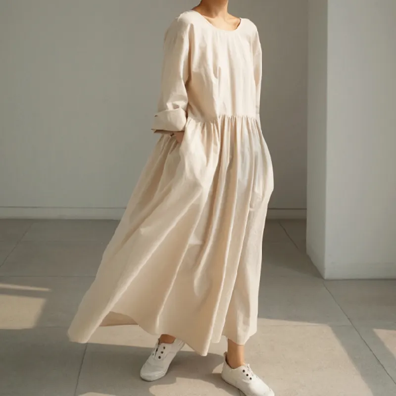 Original design Ladies loose comfortable cotton linen maxi dress Vintage oversized Dress 9129