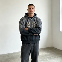 Sudadera con Capucha Oversize Personalizada para Hombre con Cremallera, Diseño de Bordado con Parche Número 23, Efecto Desgastado por el Sol, Estilo Urbano, para Otoño