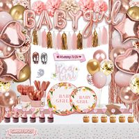 Décorations de fête prénatale pour fille, kits de décorations de fête prénatale - Ensemble de vaisselle jetable avec fournitures florales rose or