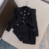 Veste à franges et boutons dorés pour femmes et pantalon court, ensemble deux pièces en tweed noir pour occasions décontractées, fêtes et streetwear