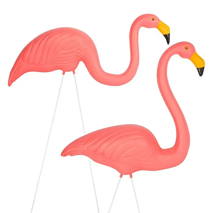 2pcs Plastic Pink Flamingo Yard Ornament Stakes Mini Lawn Statue with Metal Legs Adjustable Feet Length for Sidewalks Garden