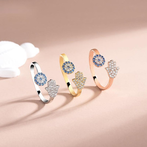 Anillo Hamsa <span class=keywords><strong>de</strong></span> Plata <span class=keywords><strong>de</strong></span> Ley 925 con Ojo y Circonitas, Ajustable, Protección y Suerte, Joyería <span class=keywords><strong>para</strong></span> Mujer, Oro Rosa, Venta al por Mayor, Personalizado OEM - Product Image 2