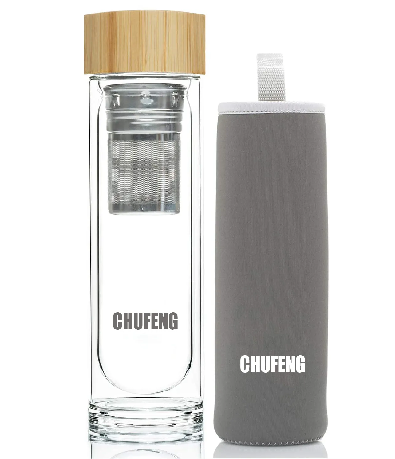 زجاجة مياه مخصصة عالية الجودة من CHUFENG للشاي زجاجة زجاج مزدوجة الجدار من البورسليكات مع فلتر وغطاء خشبي