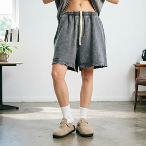 Pantalones Cortos de Algodón Estilo Vintage con Efecto Desgastado para <span class=keywords><strong>Hombre</strong></span>, de Felpa Francesa Pesada con Agujeros, Fabricante de Ropa Urbana - Product Image 1