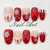 Uñas Postizas Navideñas, Set de 10 Piezas, Estilo Francés Rojo y Blanco, Diseño de Perlas, Forma de Ataúd Almendrado Largo, Colección al por Mayor