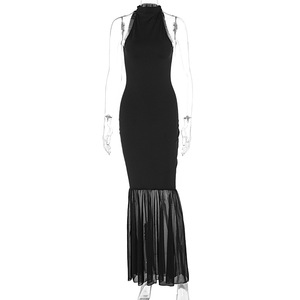 <span class=keywords><strong>Robe</strong></span> Longue Moulante et Évasée <span class=keywords><strong>Femme</strong></span> Sexy et Élégante Noire sans Manches d'Été avec Voile en Maille et Patchwork - Product Image 4