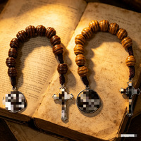 Rosario de Cuentas de Madera Hecho a Mano con Cruz Colgante, Joyería Religiosa, Plata Antigua Negra, para Hombres y Mujeres, Catolicismo