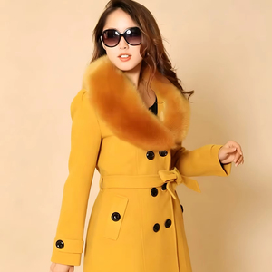 Manteau long d'hiver pour femmes, col en fausse <span class=keywords><strong>fourrure</strong></span>, double boutonnage, mélange de <span class=keywords><strong>laine</strong></span>, élégant, rouge, vêtements d'extérieur, OEM en gros - Product Image 1