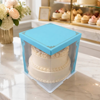 Boîte à gâteau carrée bleu ciel moyen, laminage mat, portable, semi-transparente en PET et carton avec couvercle en papier, écologique et recyclable