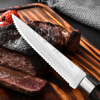 Ensemble de couteaux à steak en acier inoxydable de style japonais fait à la main, 6 pièces, poignées en bois ambidextres, bord dentelé, lames damas de 4,5 pouces