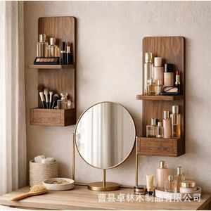 Solid wood <b>floating</b> <b>wall</b>-mounted <b>shelf</b>, double-layer bedside green plant holder, mobile phone plant holder, bathroom scented - Product Image 3