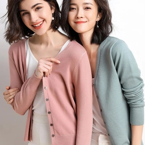 <span class=keywords><strong>H</strong></span>-644 Cardigans <span class=keywords><strong>et</strong></span> pulls pour femmes Printemps-Automne, col en V, boutonnage simple, tricoté, couleur unie, coupe ajustée, style décontracté - Product Image 1