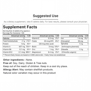 OEM ODM Spiruline pure extraite de plantes, 180 comprimés, certifiée Halal, complément alimentaire de qualité alimentaire, supplément nutritionnel pour adultes, énergie - Product Image 4