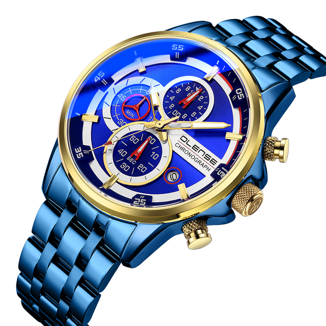 OLENSE Sports Waterproof Mens Watches Luxury Analog Quartz Wrist Watch Chronograph Gold Blue Watch for Men Clock Relojes Hombre