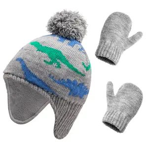 Boys Girls Baby Winter Set Beanie Glove Set Winter Dinosaur Pattern Children Jacquard Medium CH 9 Colors Toddler Hat Mitten Sets