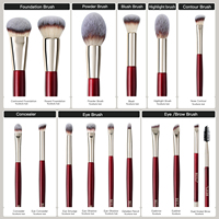 Ensemble de pinceaux de maquillage pour cheveux végétaliens de luxe 15 pièces Bourgogne Rouge Manche en bois Personnalisation Fond de teint Poudre Blush Kit de pinceaux