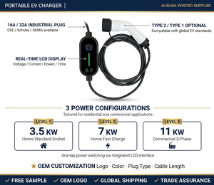 Nuevo Cargador Portátil para Vehículos Eléctricos de 7KW 32A IP65, Tipo 2, Nivel 2, Corriente Ajustable, Estación de Carga Rápida EVSE con Enchufe CEE - Product Image 4
