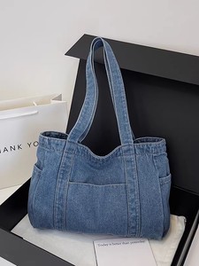 Sac fourre-tout décontracté en jean grande capacité pour femme, léger, avec fermeture éclair, polyvalent, idéal pour le shopping, les étudiants et les professeurs - Product Image 3