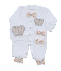 3 piezas de tela de algodón de punto al por mayor personalizado moderno de lujo de alta calidad Beige manga larga bebé niños primavera mameluco conjunto - Product Image 1