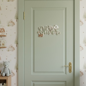 Plaque nominative en bois d'animaux de la forêt, décoration murale en bois sur mesure, 2D double couche, vert sauge, décoration durable - Product Image 4