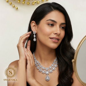 Luxury Cubic Zirconia Brass Necklace Set <b>Silver</b> Plated Two Layer Geometric CZ Diamond <b>Choker</b> Earrings Bridal Jewelry - Product Image 1