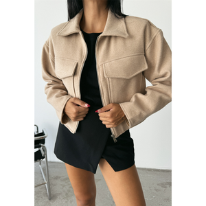 Chaqueta Bomber con Capucha de Cachemira para Mujer, Color Beige, Cierre Frontal, Estilo Universitario, Talla Grande, para Otoño y Primavera, Poliéster y Algodón - Product Image 3